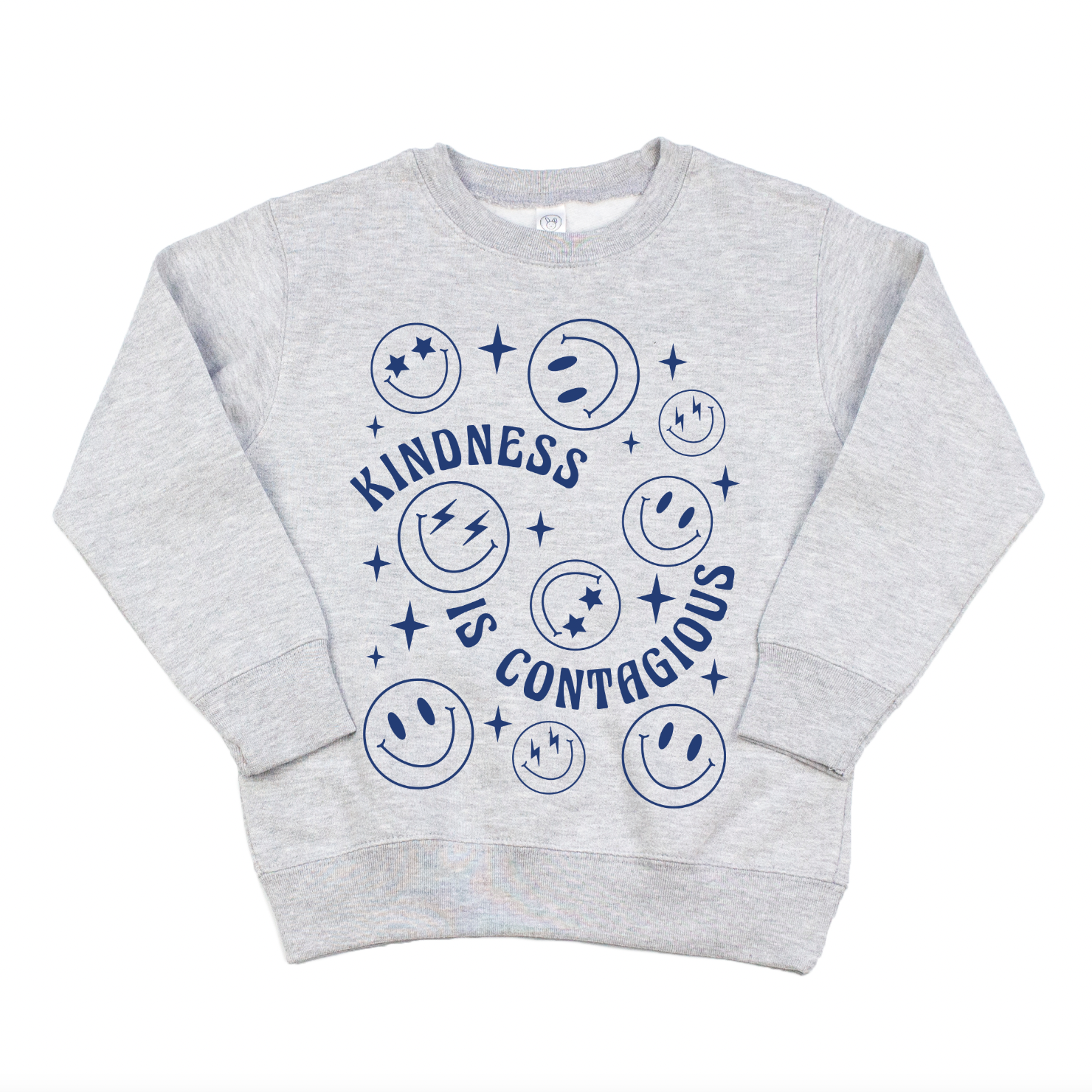 The Kindness • Kids Pullover is a light gray sweatshirt with blue smiley faces, stars, and Kindness is Contagious in a playful font. Unisex sizing offers a comfy oversized fit—perfect for kids’ clothing collections.