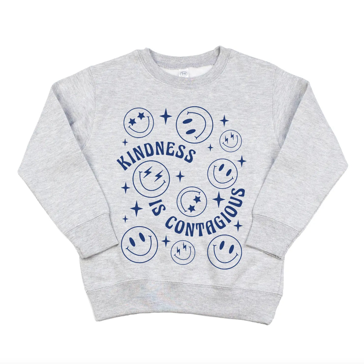 The Kindness • Kids Pullover is a light gray sweatshirt with blue smiley faces, stars, and Kindness is Contagious in a playful font. Unisex sizing offers a comfy oversized fit—perfect for kids’ clothing collections.
