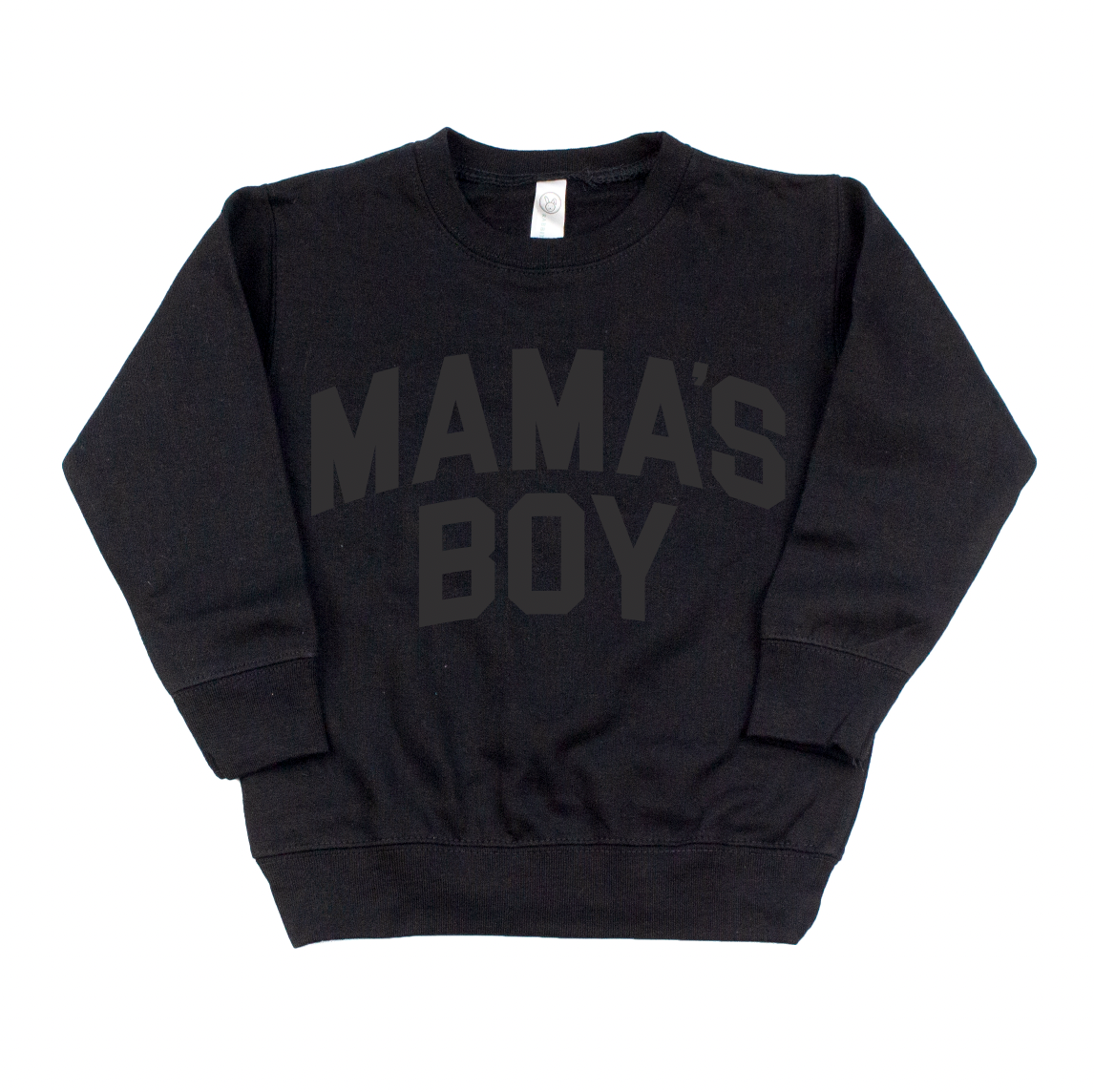 The MAMAS BOY • Tonal Pullover is a unisex black sweatshirt with long sleeves and MAMAS BOY in bold across the chest—perfect for stylish kids’ wardrobes.