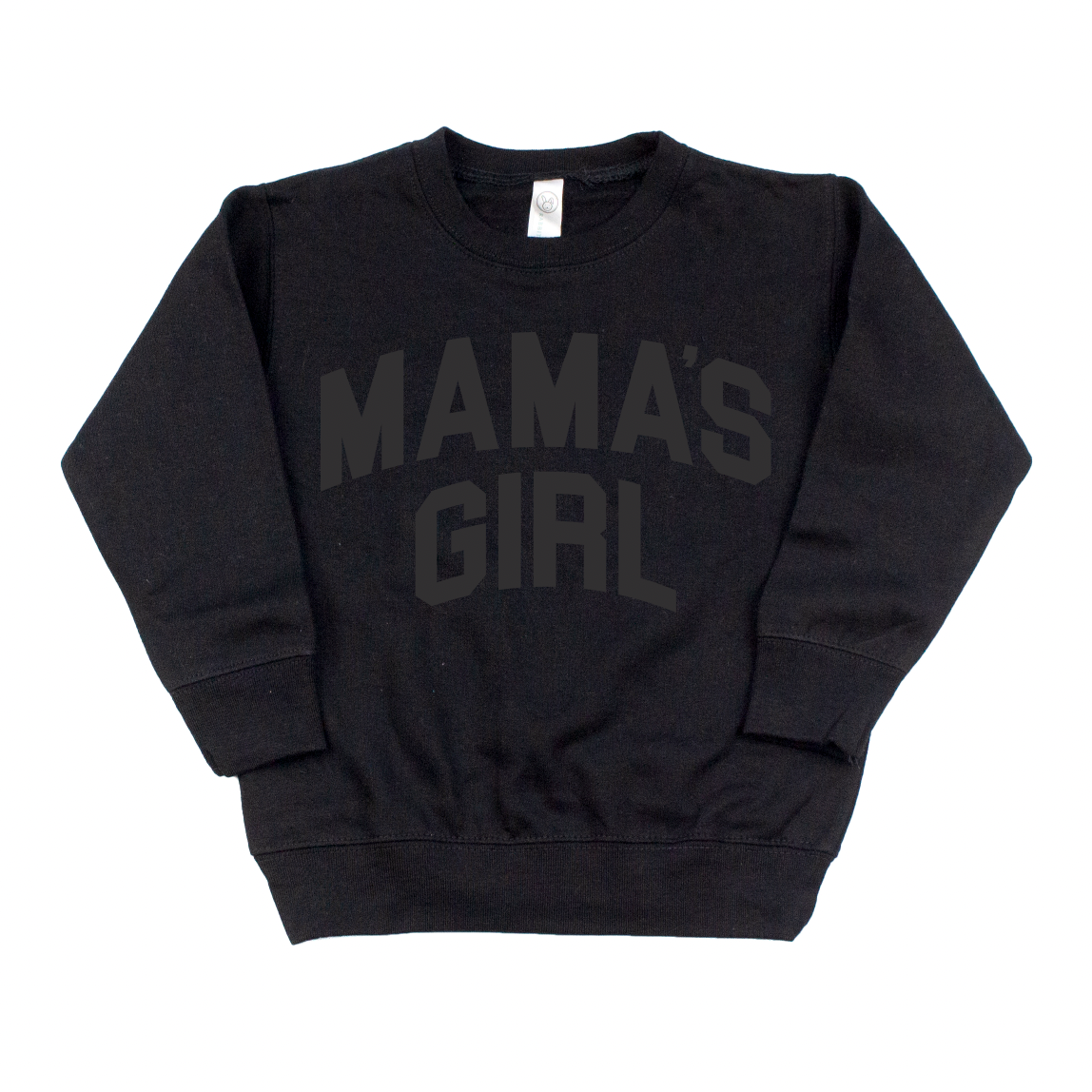 The MAMAS GIRL • Tonal Pullover is a black unisex sweatshirt with MAMAS GIRL boldly printed across the front, shown laid flat on a white background for a comfy and stylish look.