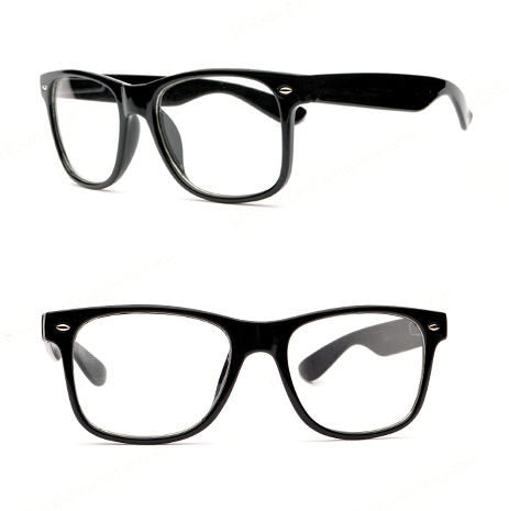 Two views of Nerd Glasses (kids) with classic black frames and clear lenses, shown from a three-quarter angle (top) and front view (bottom) on a white background. These glasses offer timeless style for any look.