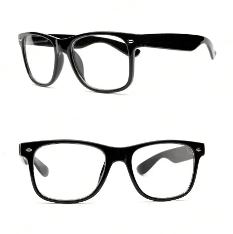 Two views of Nerd Glasses (kids) with classic black frames and clear lenses, shown from a three-quarter angle (top) and front view (bottom) on a white background. These glasses offer timeless style for any look.