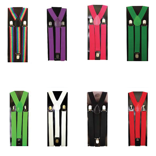 Eight pairs of Suspenders in striped, purple, pink, dark green, light green, white, black, and red are displayed on black packaging in two rows of four—perfect for adding color and style to any child’s outfit.