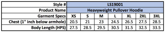 A size chart for the Lucky Mama Hoodie shows chest sizes from 20.5 to 28.5 and lengths from 27.5 to 35.5 in XS–3XL, made with premium 3-End Fleece for a heavyweight, unisex fit.