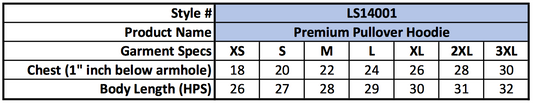 A size chart for the Motherhood • Sky Blue Hoodie shows chest (18–30 in) and body length (26–32 in) from XS to 3XL. This fleece pullover sweatshirt features a cozy Motherhood print.