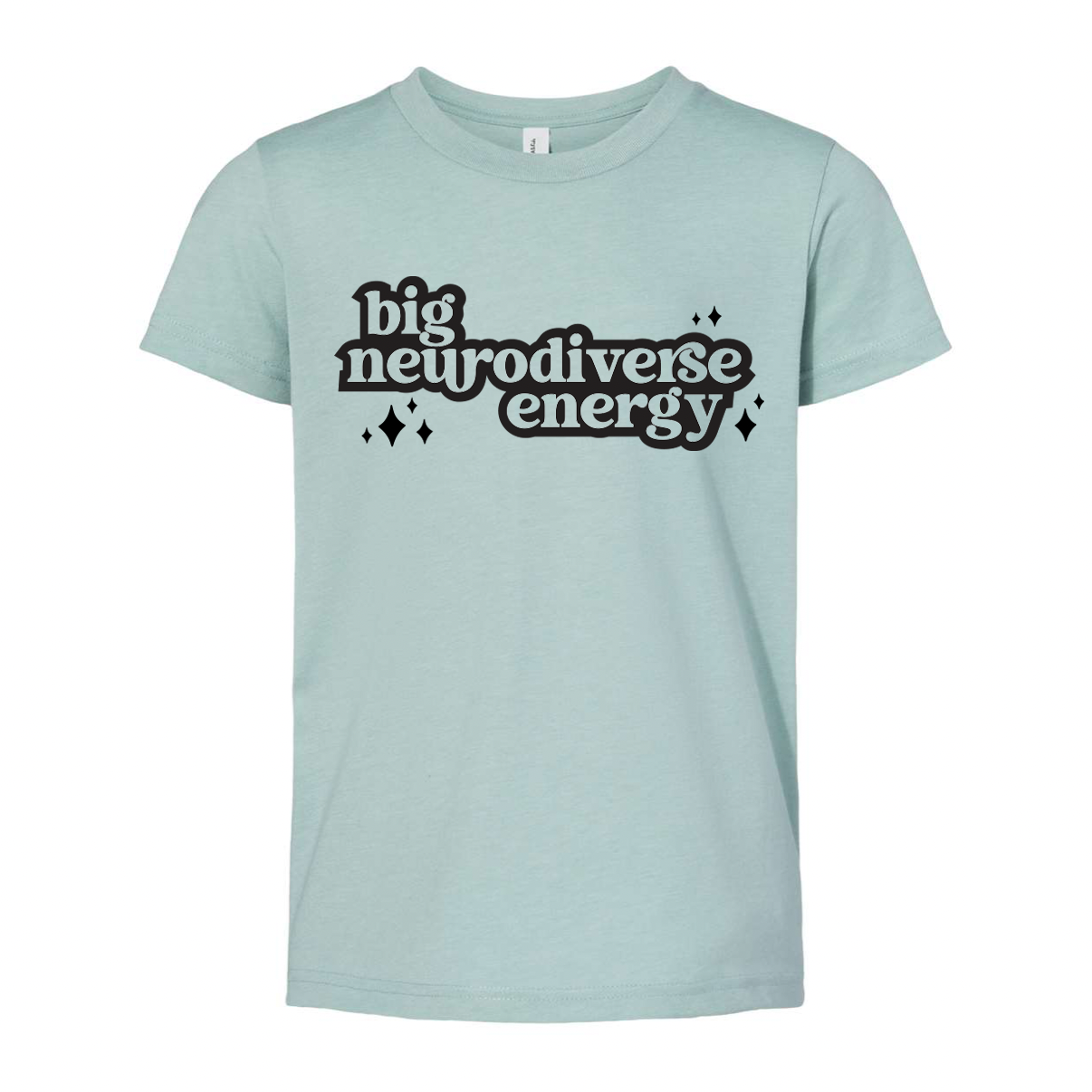 The Neurodiverse Energy • Kids Tee is a light blue shirt featuring big neurodiverse energy in bold black letters with black sparkles, designed in a retail fit and unisex sizing for a comfortable, flattering look.
