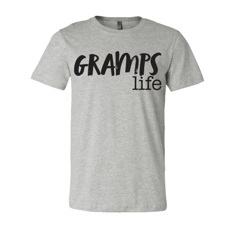 The Gramps Life T-shirt is a light gray unisex essential, made from soft combed and ring-spun cotton, featuring GRAMPS life printed in bold black letters on the front.