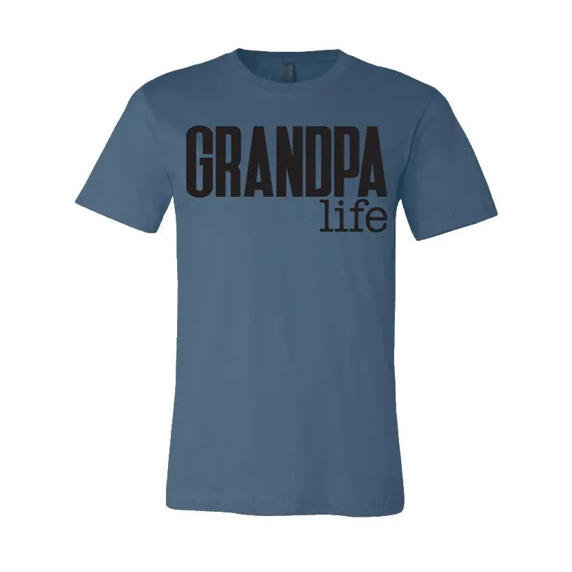 The Grandpa Life • Blue or Gray t-shirt features bold black GRANDPA life text on the chest, a classic crew neck, and is made from soft combed ring-spun cotton for all-day comfort. Unisex design; available in blue or gray.