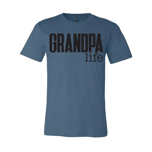 The Grandpa Life • Blue or Gray t-shirt features bold black GRANDPA life text on the chest, a classic crew neck, and is made from soft combed ring-spun cotton for all-day comfort. Unisex design; available in blue or gray.