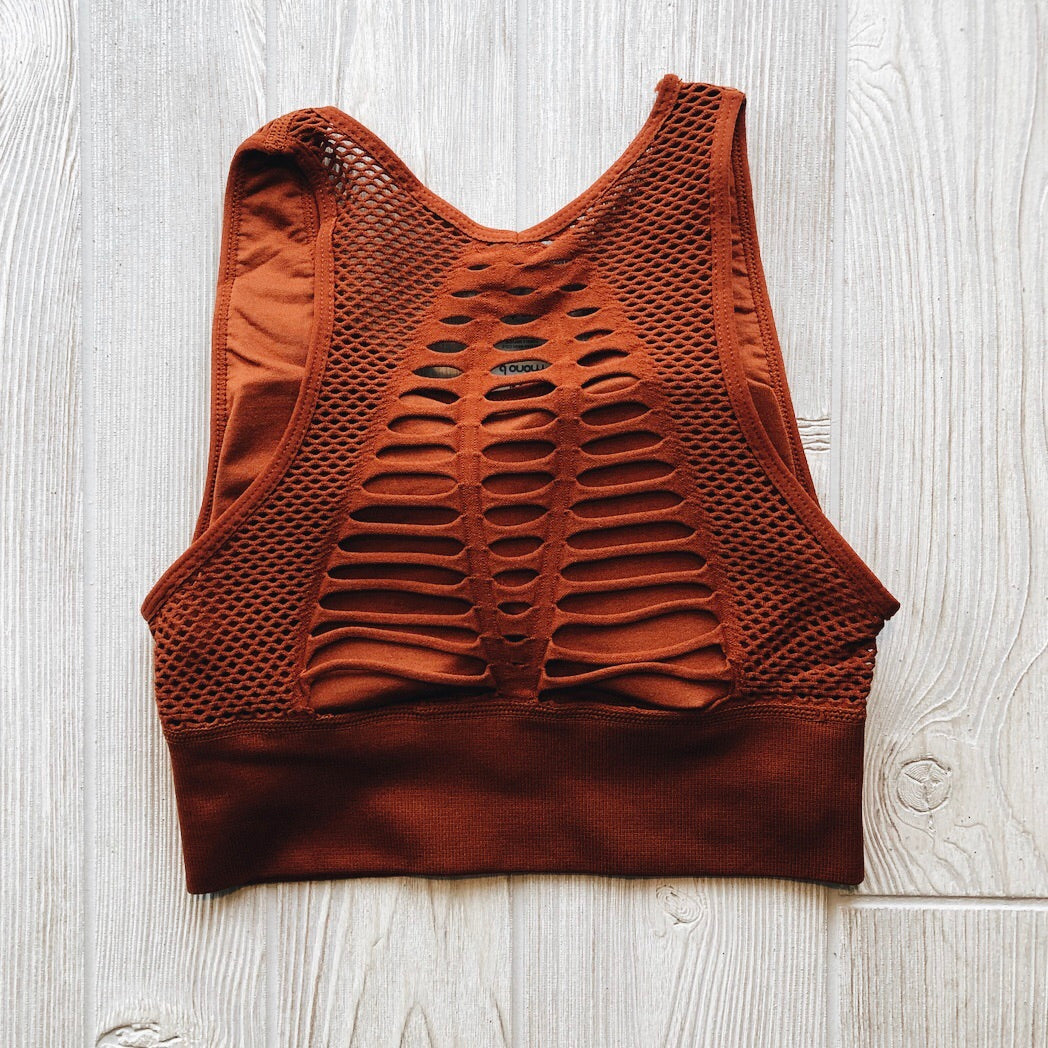 The Grated Sports Bra in rust, size small, features mesh sides and back plus horizontal center cutouts. With a sports fit true to size, its a comfy pick for active days. Displayed on a light wooden surface. More colors available!.