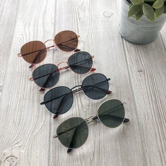 Four pairs of Demi • Adult Sunglasses with assorted lens colors are arranged in rows on a light wood surface beside a potted plant. Final Sale Item—no returns allowed.