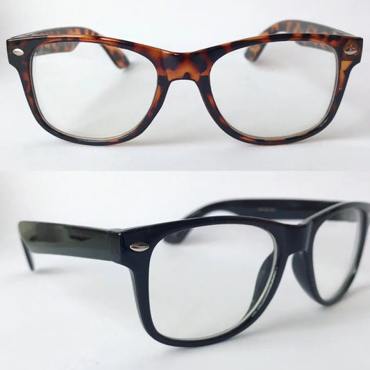 On a white background, two pairs of Nerd Glasses (kids) are displayed: the top pair with a brown tortoiseshell pattern and the bottom in classic black. Both feature clear lenses and similar rectangular frames.