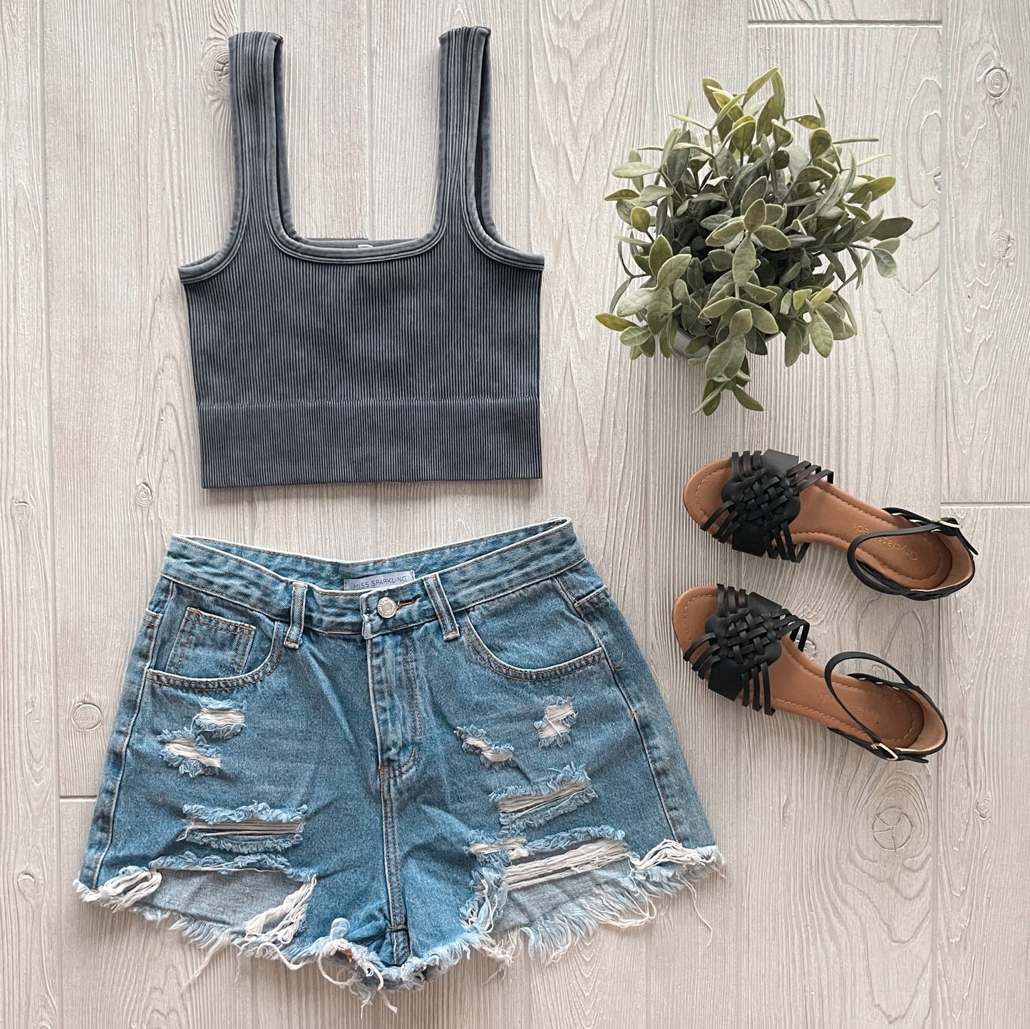 A flat lay of a summer outfit featuring the Iris Crop from the Denver Collection in dark gray, paired with distressed denim shorts, black woven sandals, and a small potted plant on a light wooden surface.