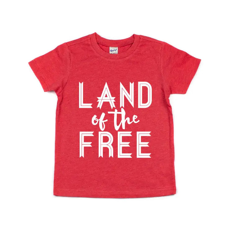 The Land of the Free • Kids Tee is a red short-sleeve shirt with large white text on the front, made from soft combed ring-spun cotton for comfort and a unisex fit, produced with socially conscious manufacturing.