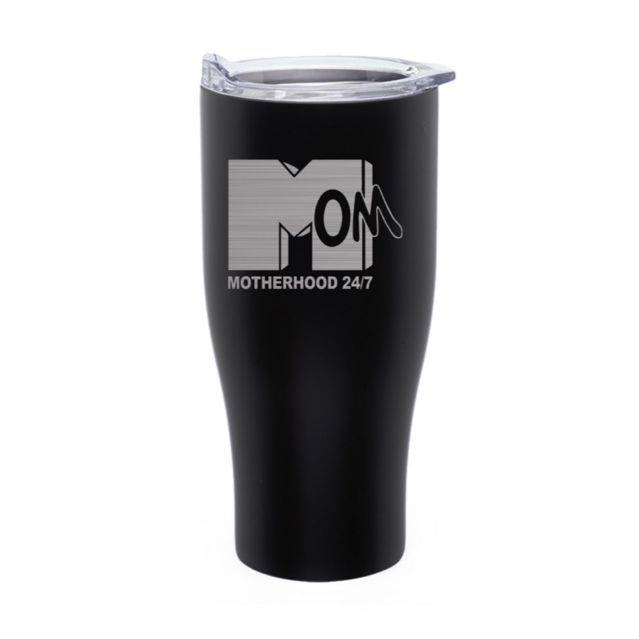 The MTV Mom • Tumbler is a black stainless steel travel mug with a clear lid, engraved in silver with MOM and MOTHERHOOD 24/7 on the front—perfect for any MTV-inspired mom life.
