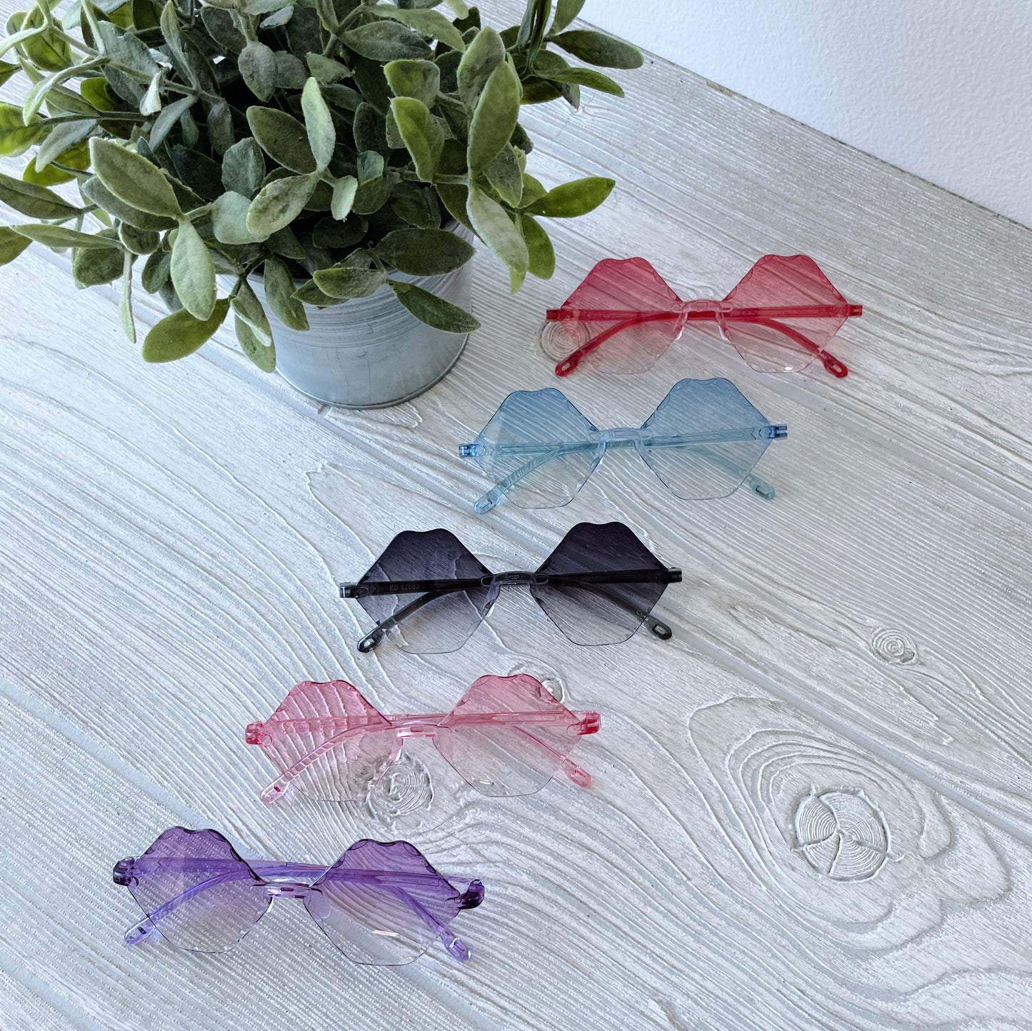 Five pairs of Arya Sunnies • Kids cat-shaped sunglasses in red, blue, black, pink, and purple are displayed on a light wood surface beside a potted green plant.