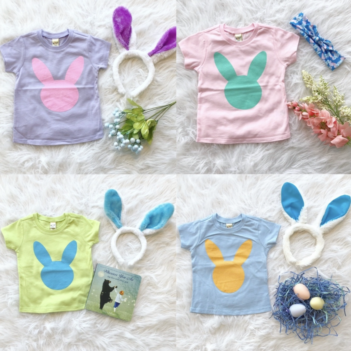 Four Original Bunny • Kids Tees in Kavio size specs are paired with matching bunny ear headbands and spring props, displayed on a white fluffy background in a charming flat lay arrangement.