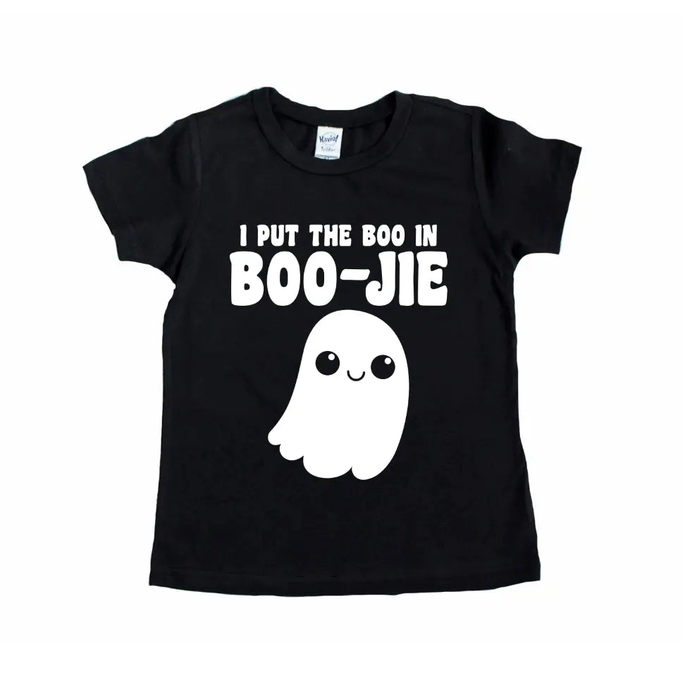The Boo in BOO-JIE Kids Tee is a black unisex top with a cute, smiling white ghost and I put the boo in BOO-JIE printed in bold white letters above; fits true to size.