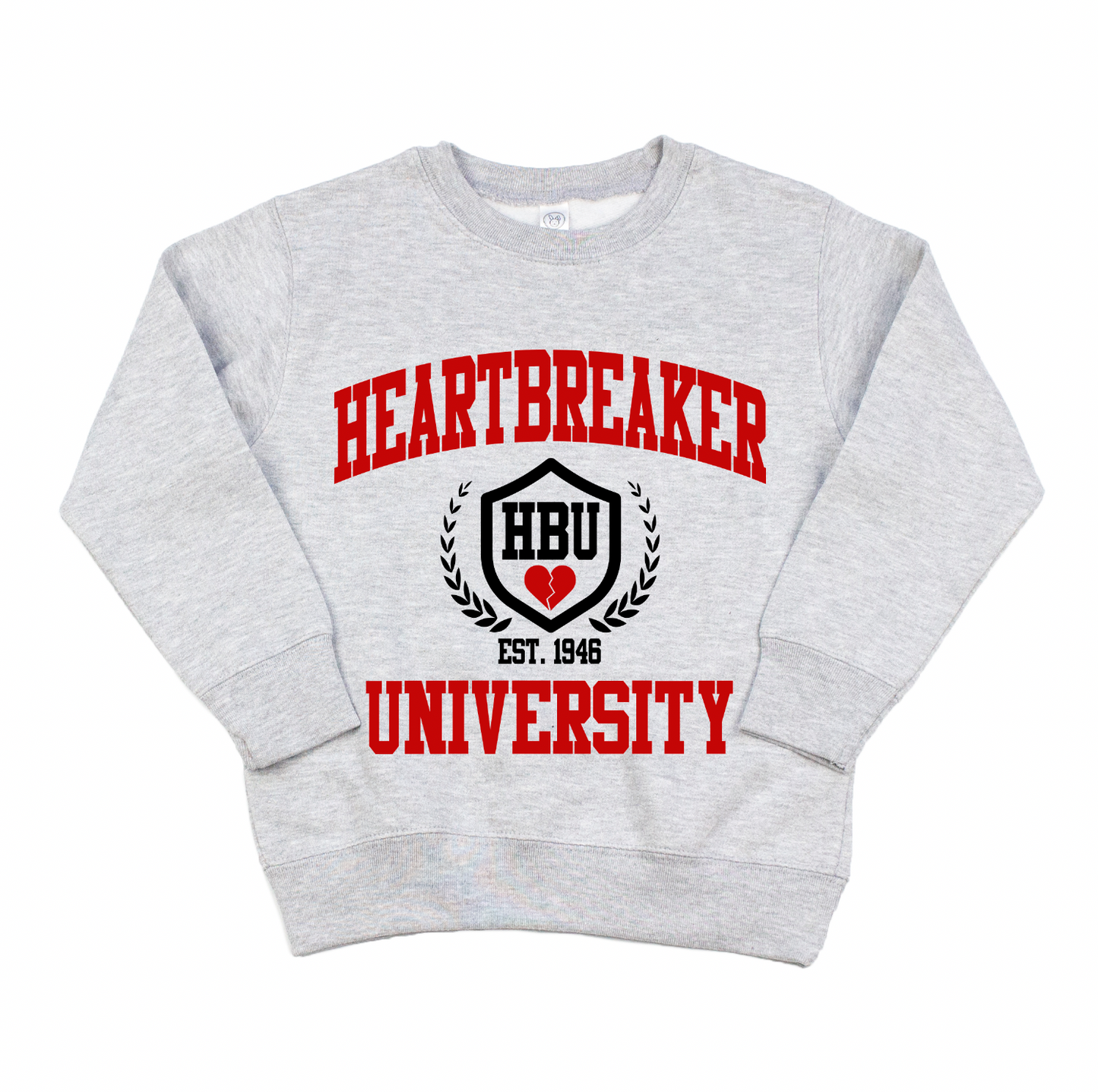 The HBU • Gray Pullover is a light gray unisex sweatshirt featuring bold red “Heartbreaker University” text and a black-and-white crest with HBU, a broken heart, laurel branches, and Est. 1946—perfect for shopping small and making a statement.