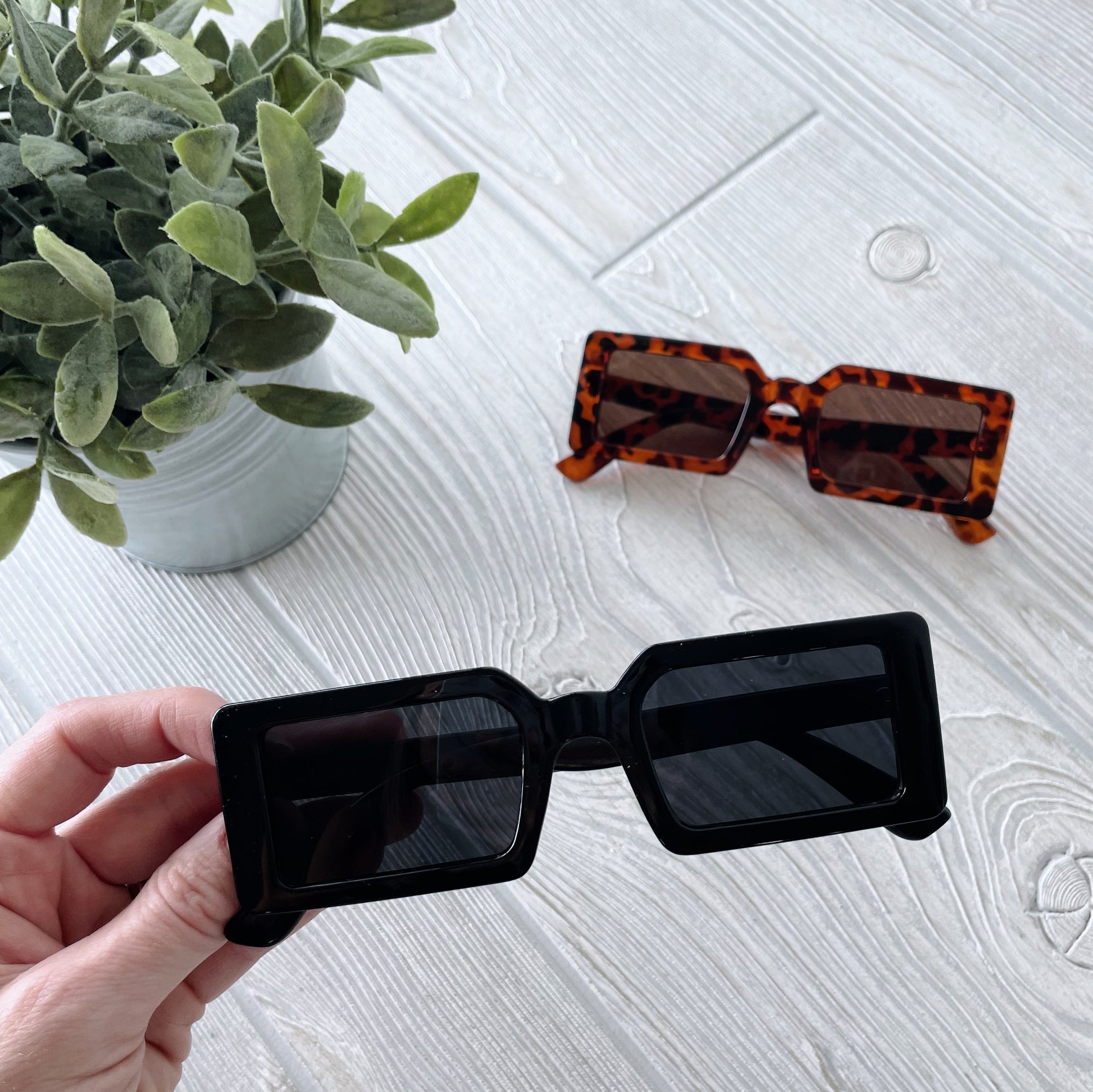 A hand holds Impulse Sunglasses • Adult in black with UV400 protection over a light wood surface, while a potted plant and adult-size tortoiseshell sunglasses are visible in the background.