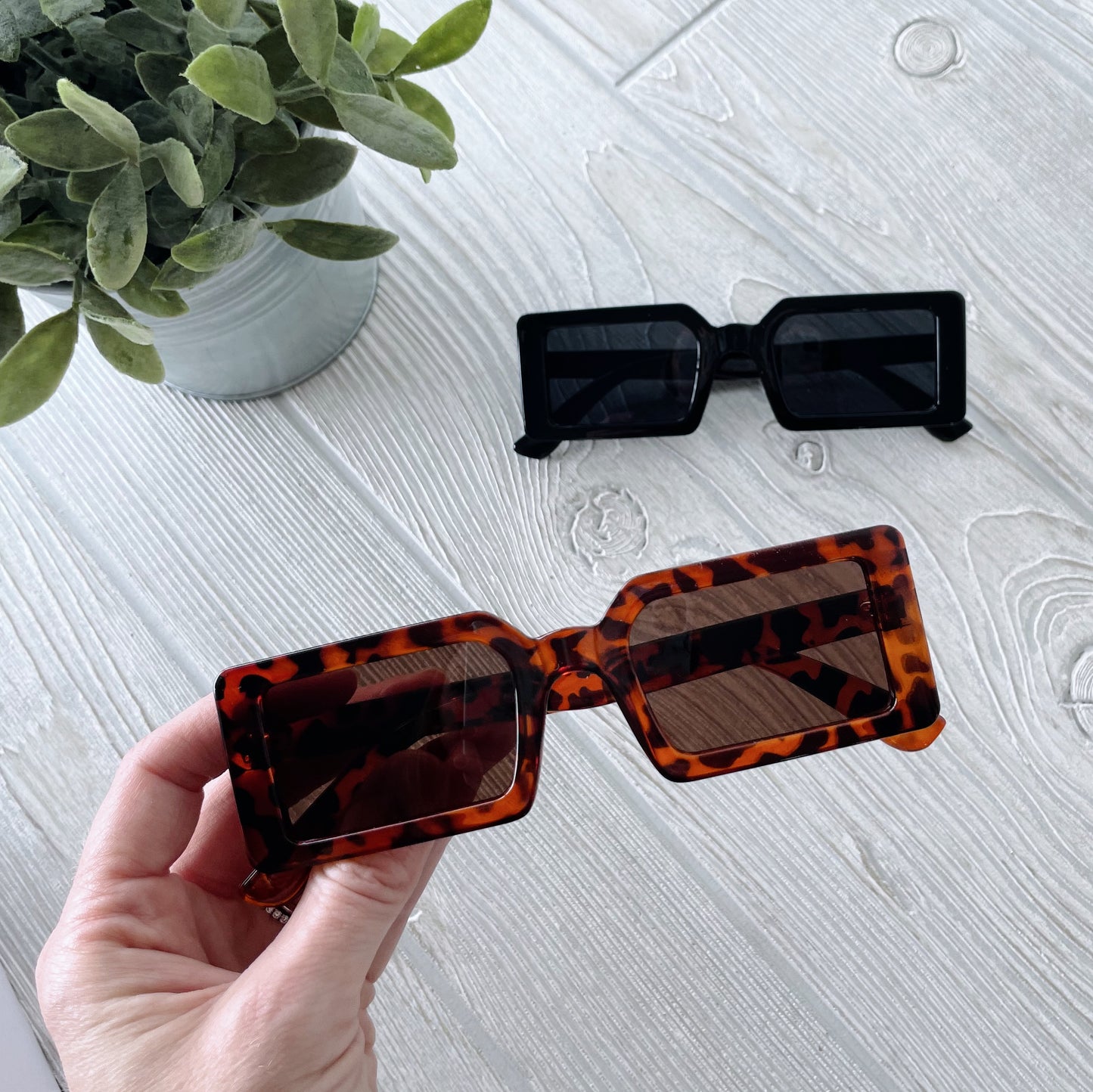 A hand holds Impulse Sunglasses • Adult in square tortoiseshell style with UV400 protection above a light wood surface; a black adult pair and a potted green plant are blurred in the background.
