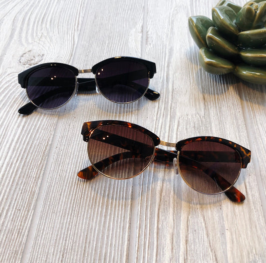 Two pairs of Classic Wayfarer Sunglasses • Adult—one black, one tortoiseshell—feature metal bridges and UV400 protection. Resting on a wooden surface beside a green ceramic succulent, they offer style and safety for every family member.