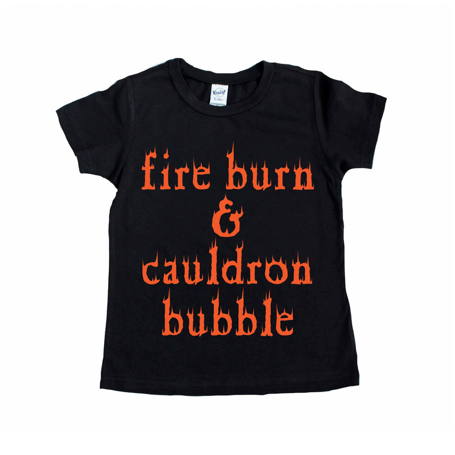 The Cauldron Bubble • Kids Tee is a black unisex kids t-shirt featuring fire burn & cauldron bubble in orange, flame-style lettering on the front. Pairs with a matching design for coordinated looks.