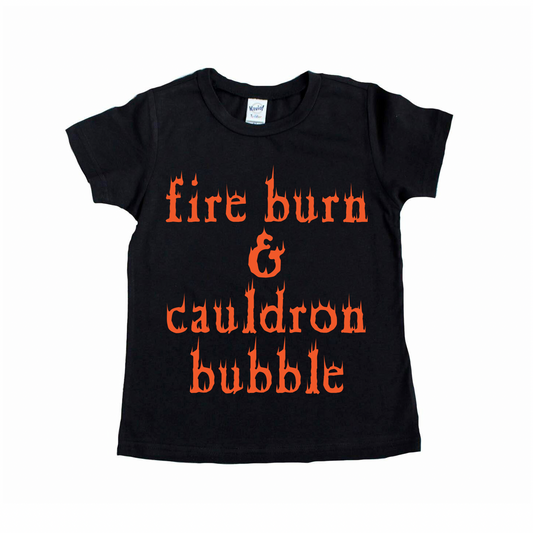 The Cauldron Bubble • Kids Tee is a black unisex kids t-shirt featuring fire burn & cauldron bubble in orange, flame-style lettering on the front. Pairs with a matching design for coordinated looks.