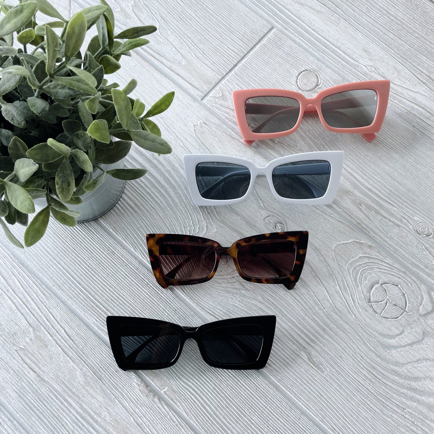 Four pairs of Barbie Sunglasses • Adult—pink, white, tortoiseshell, and black—are lined up vertically on a light wooden surface beside a small potted plant. Each pair provides stylish UV400 protection.
