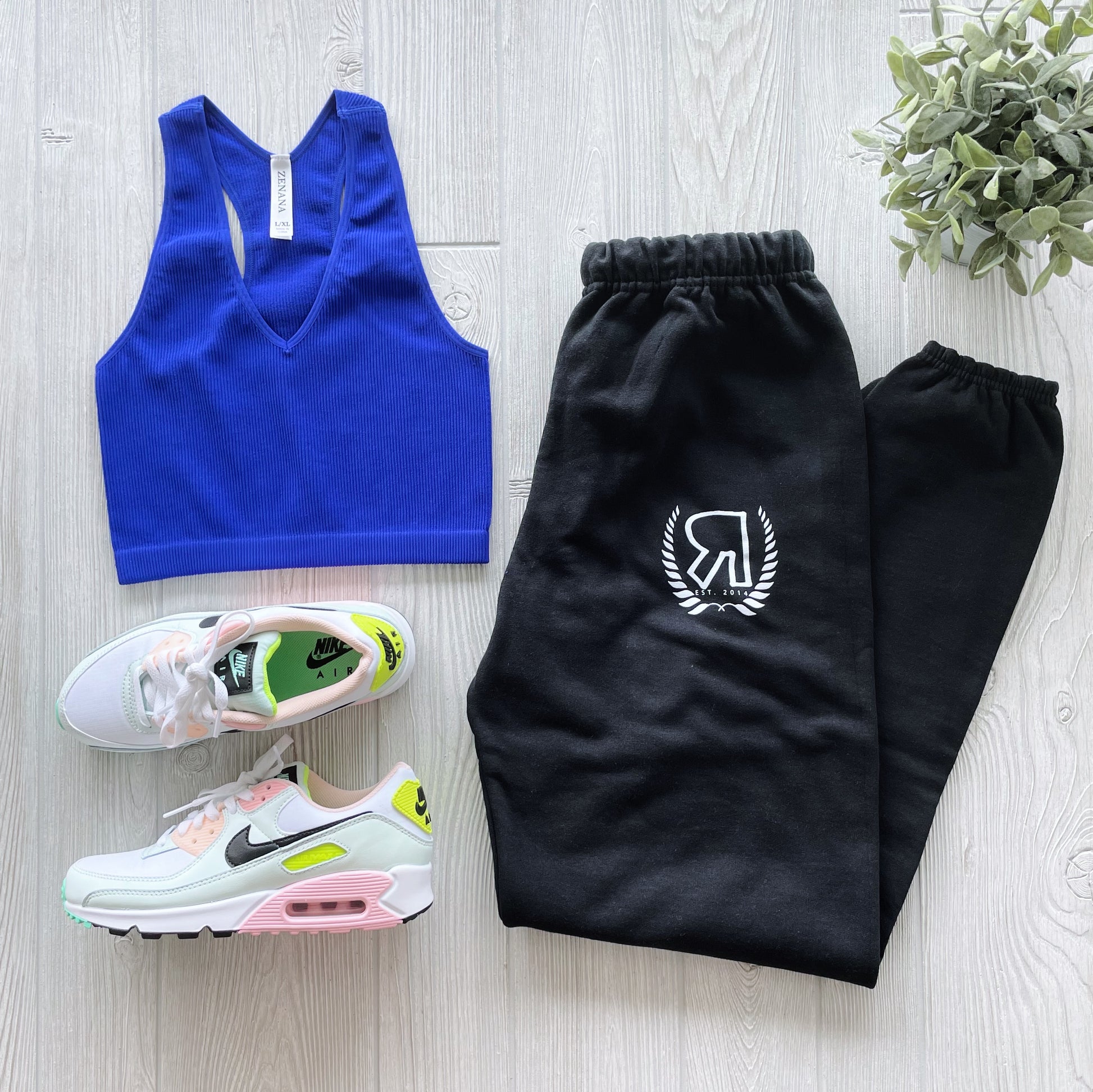Flat lay of athletic wear: a blue sports bra, Boyfriend Sweats • Logo in black pre-shrunk cotton with a white logo, white Nike sneakers with pastel accents, and a small green plant on light wood.