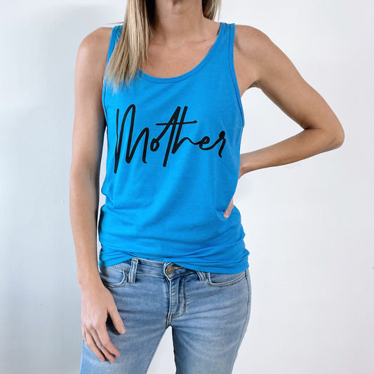 A person models the Mother • Unisex Tank Top in neon blue with Mother in black script, styled with light blue jeans against a plain white background.