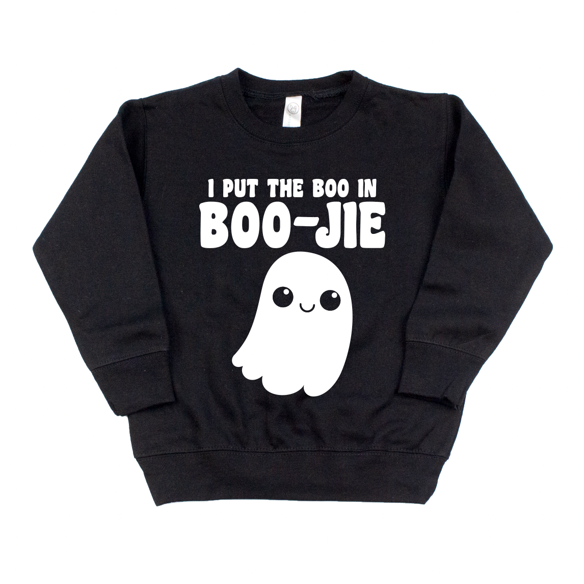 The Boo in BOO-JIE • Kids Pullover is a black sweatshirt featuring a cute, smiling ghost and I put the boo in BOO-JIE in white. It has cozy unisex sizing for a comfortable fit.