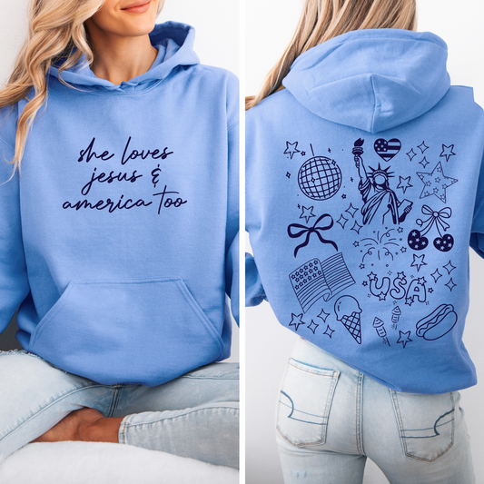 A woman wears a neon pink Iced Coffee & Sunshine hoodie. The unisex fleece features fun, playful graphics inspired by summer vibes, making it a bright and cheerful statement piece for any casual outing.