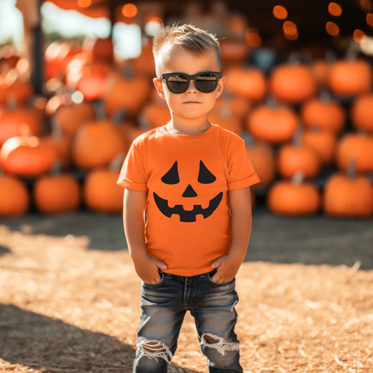 A young boy in sunglasses confidently poses by a large outdoor pumpkin display, showing off his true to size, unisex Jack O Lantern • Kids Tee.
