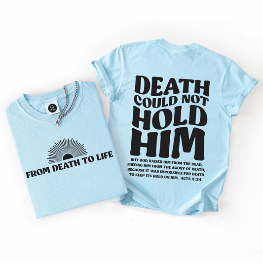 Light blue t-shirt with black text on a white background