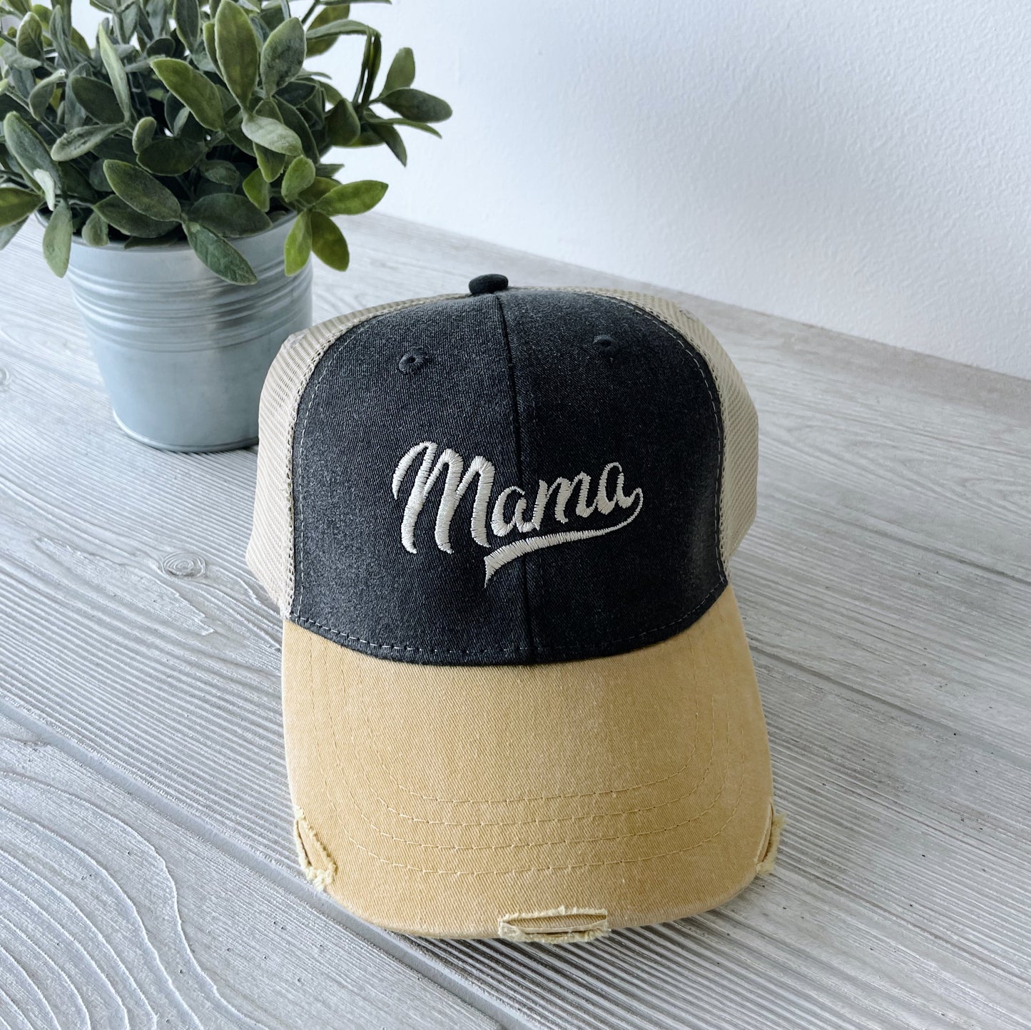 Distressed Mama Hat • Mustard & Charcoal