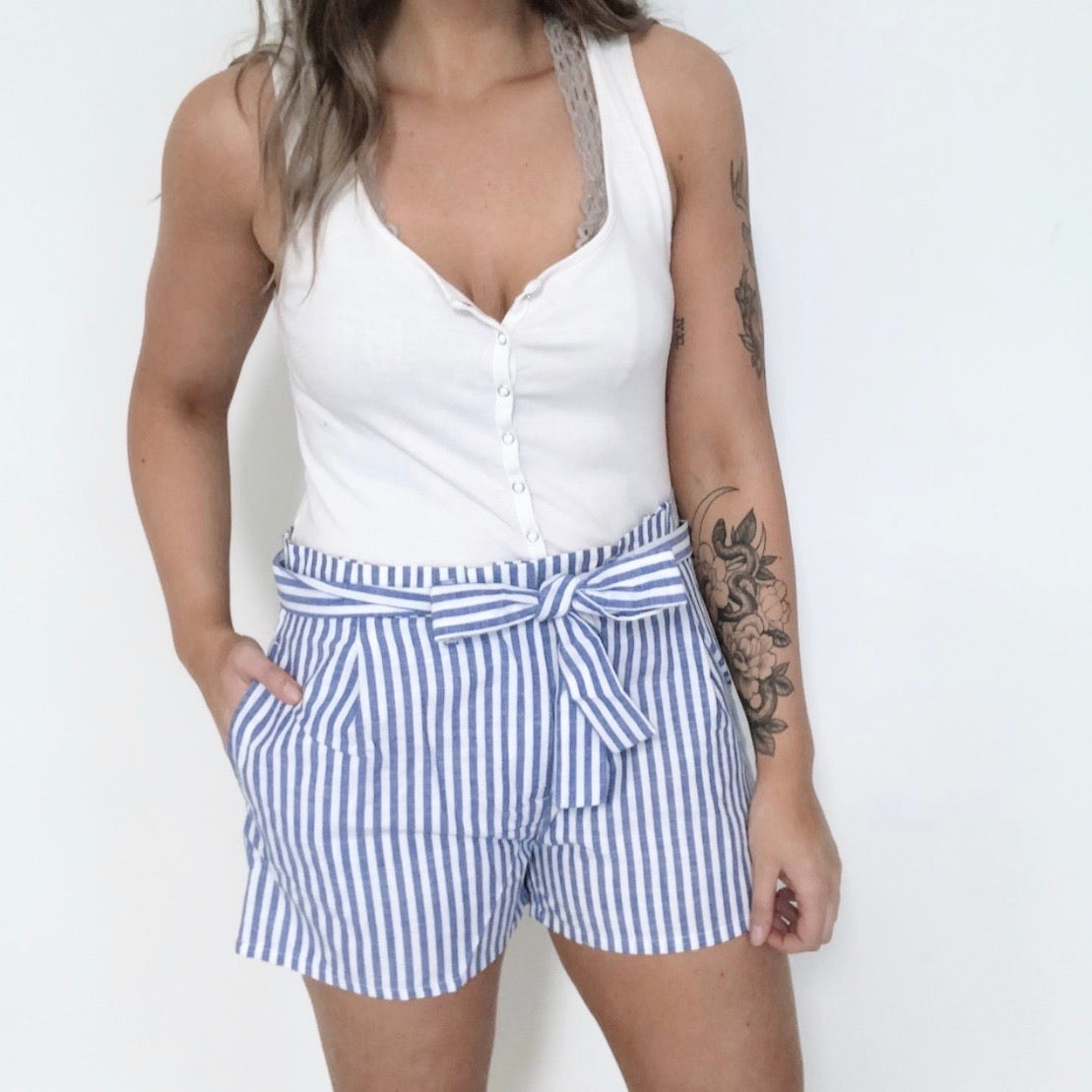 Striped Belted Shorts • Tan or Blue! SMALL